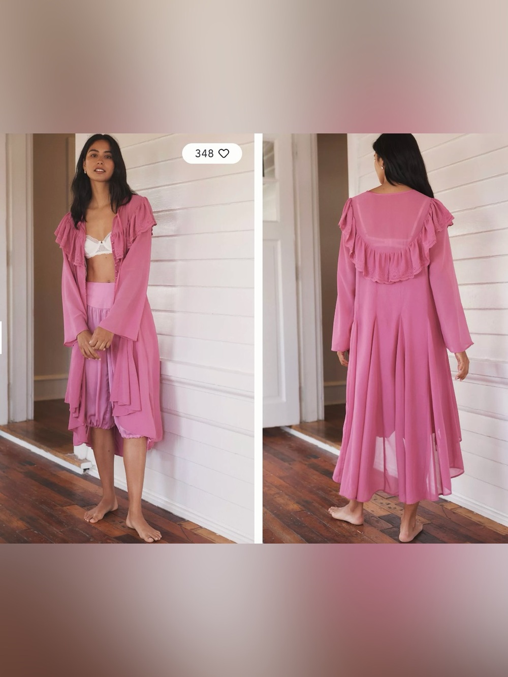 Anthropologie Pink Ruffle-Trim Long Robe
